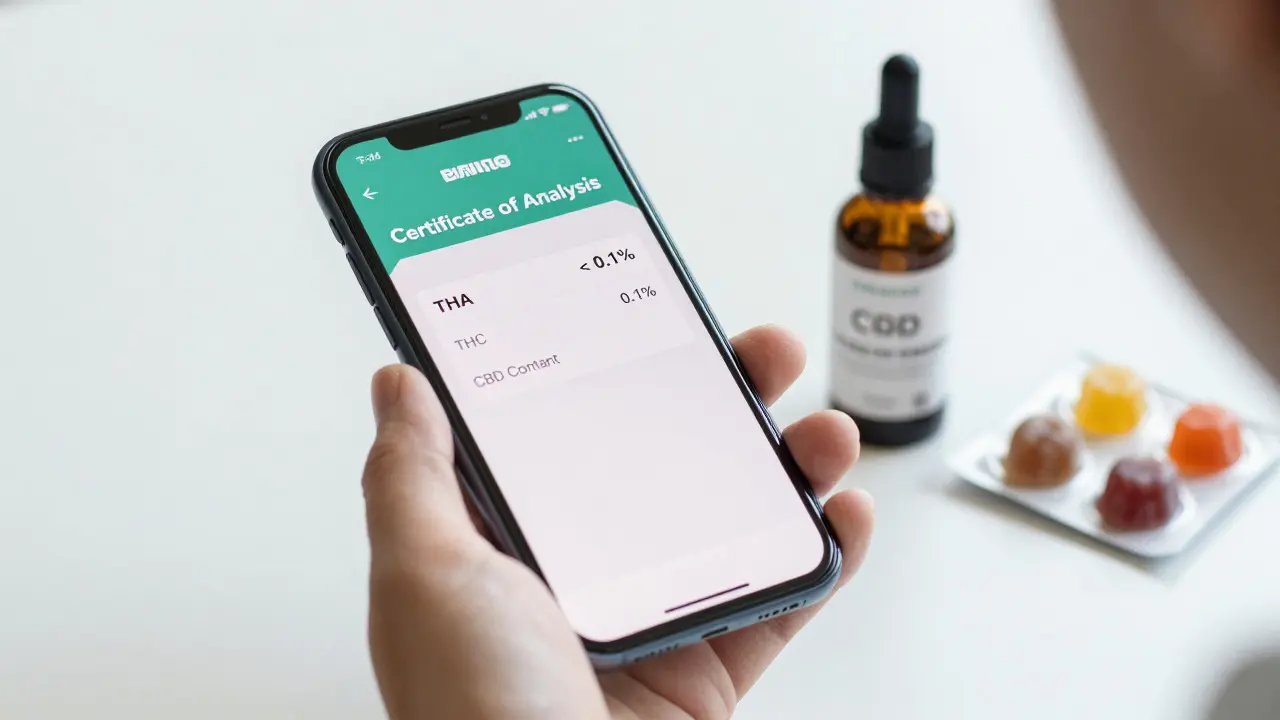 Mobilní telefon s certifikátem analýzy CBD vedle produktu