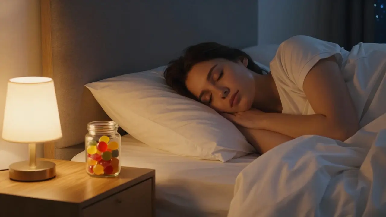 Osoba spí klidně v posteli, vedle ní na nočním stolku stojí nádobka s gummy