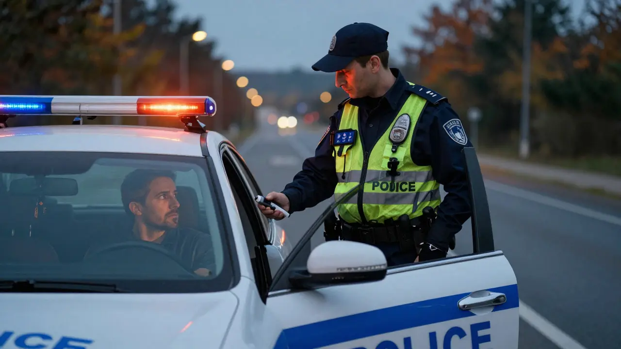 Policista kontroluje řidiče dýchacím testem u vozidla