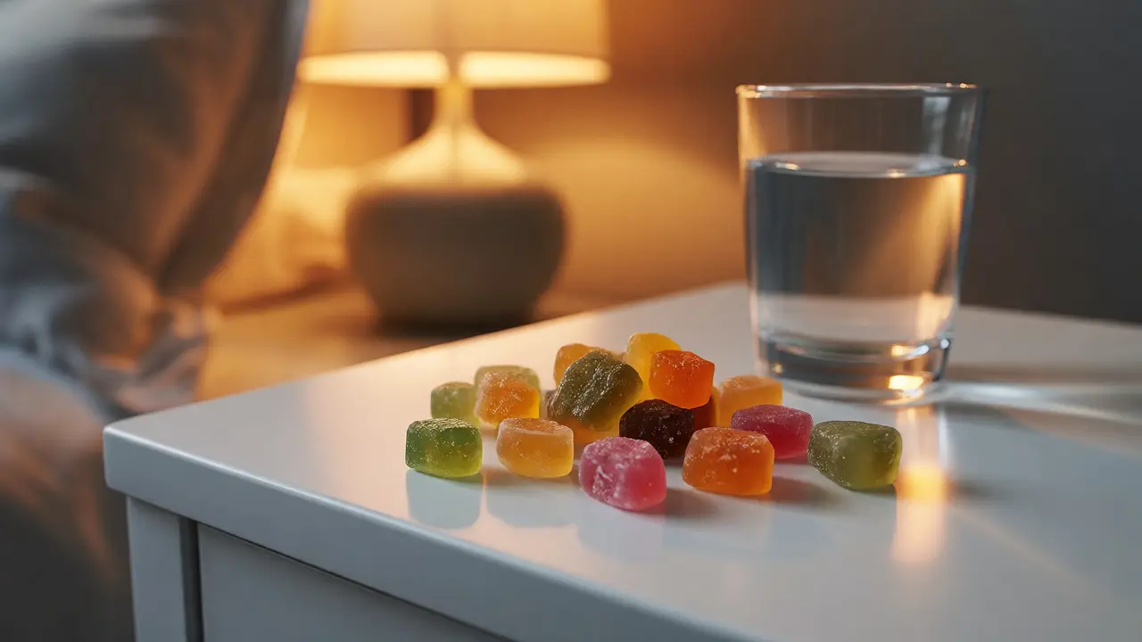 Barevné CBD gummies na nočním stolku vedle sklenice vody