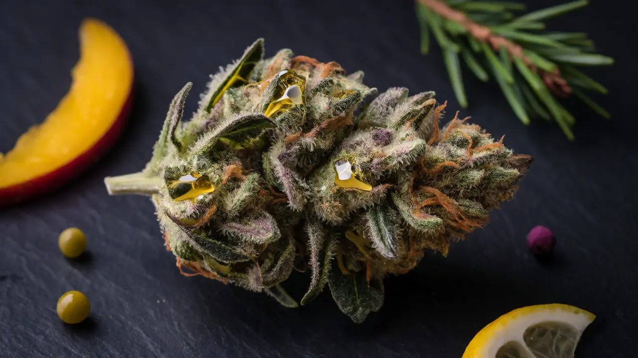 Detailní makro snímek lepkavého HHC konopného pupenu s terpeny