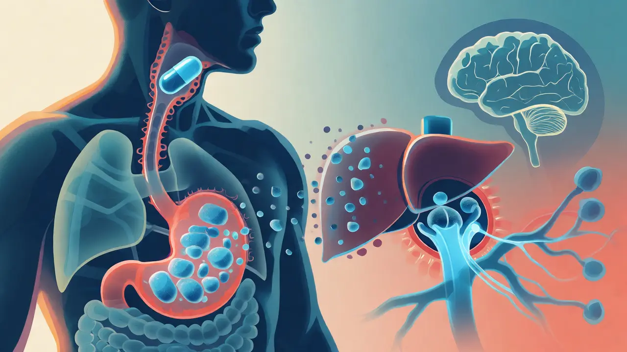 Ilustrace trávení a absorpce CBD v těle s důrazem na játra a krev