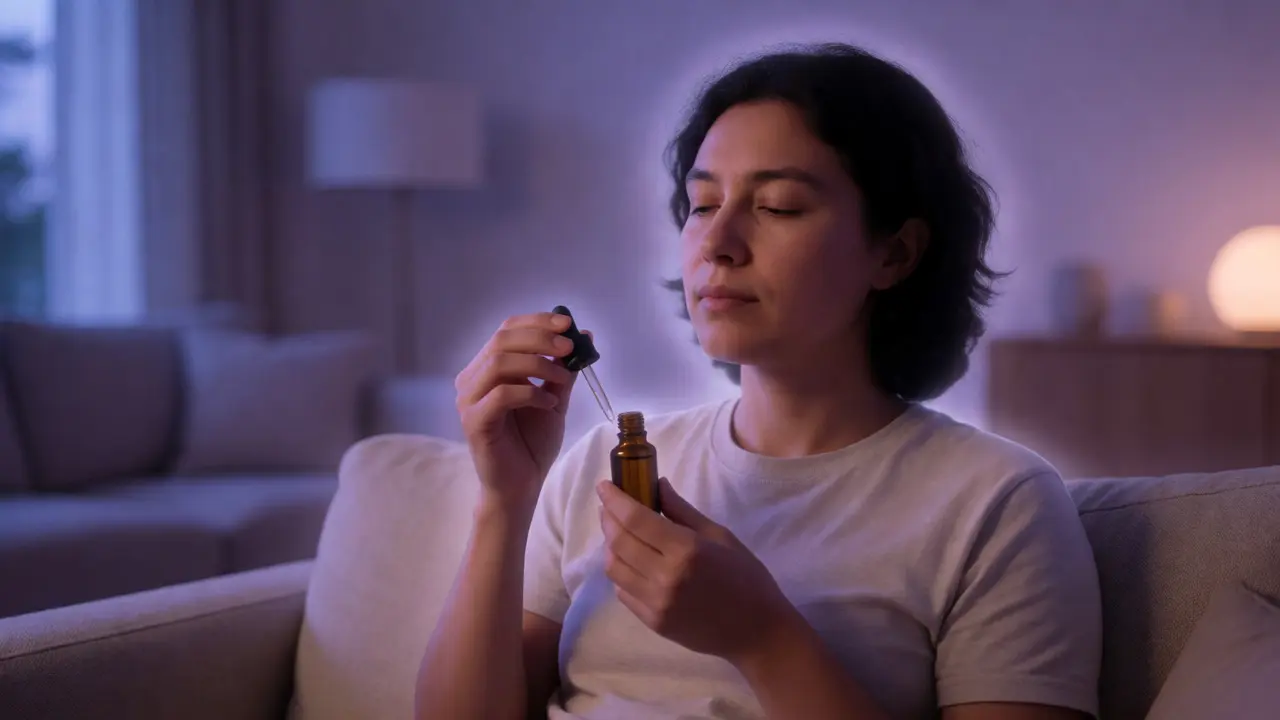 Klidná osoba užívající kapky CBD v relaxačním prostředí večerního obýváku