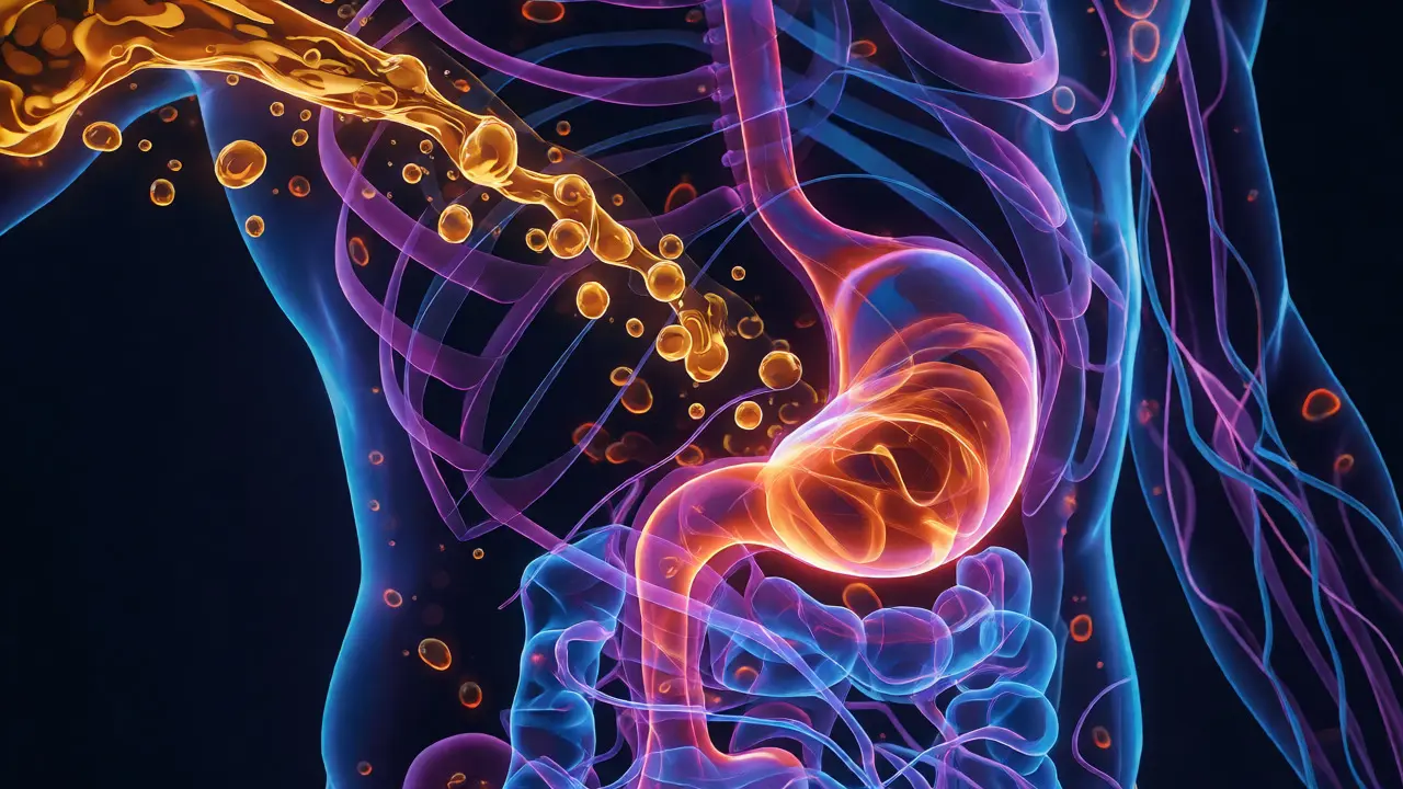 Konceptuální ilustrace lidského těla s modrými nervovými cestami a zlatými molekulami CBD vstupujícími do trávicího systému.
