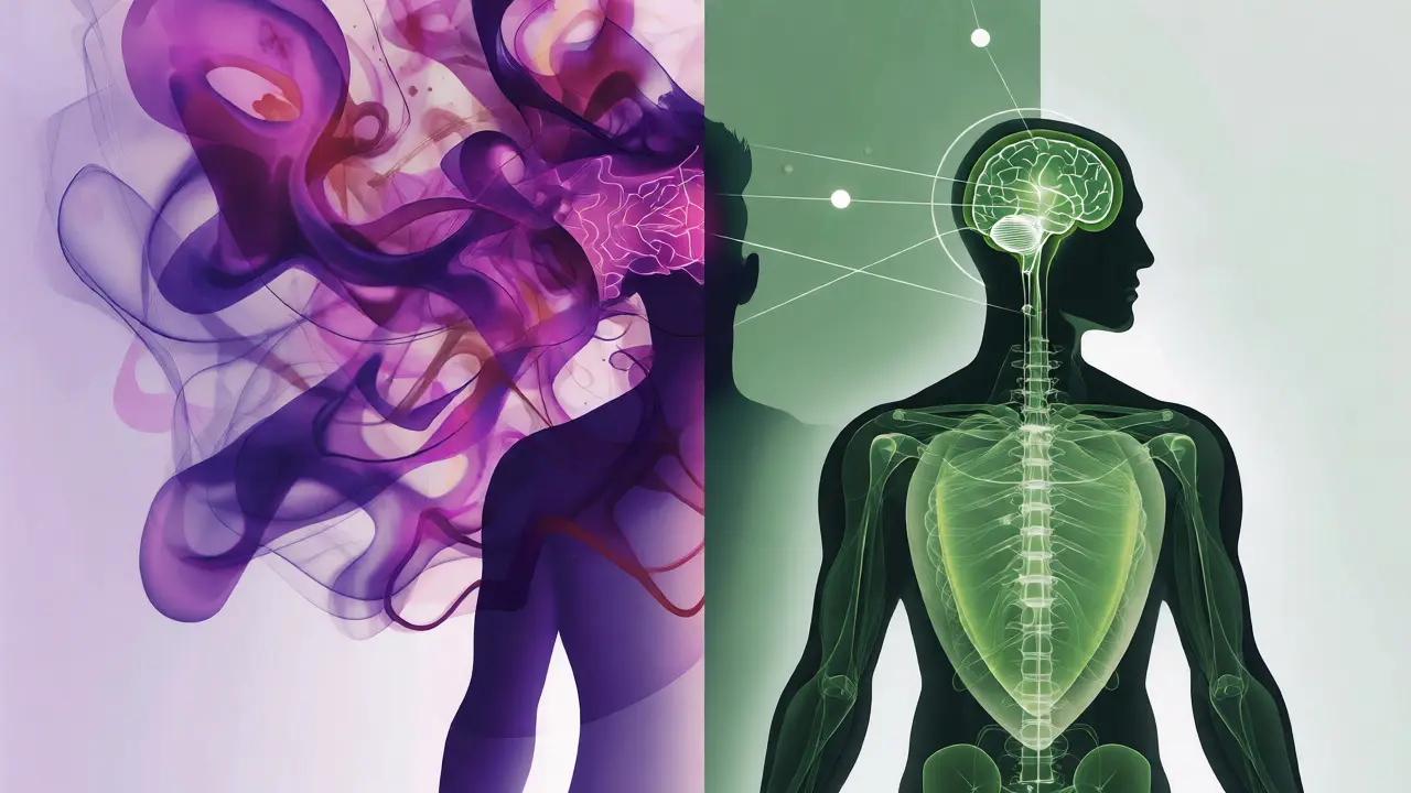 Konceptuální ilustrace rozdílu mezi psychoaktivitou a fyzickým účinkem