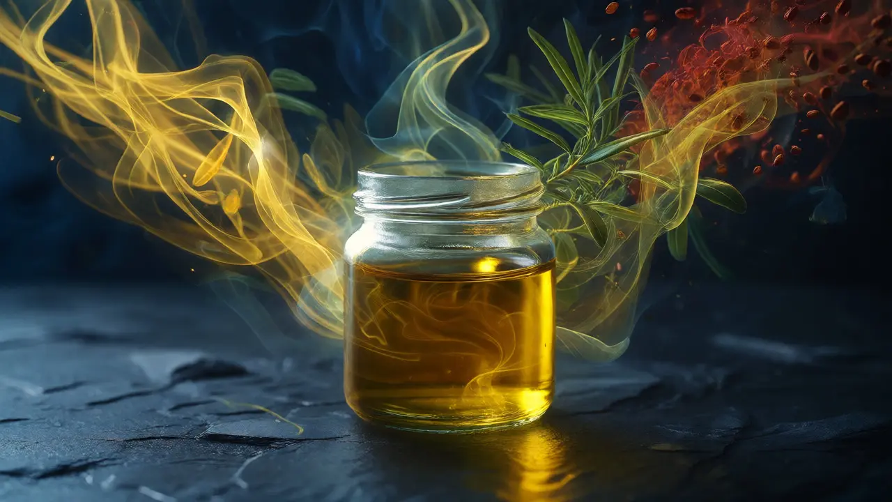 Konceptuální ilustrace zlatého konopného oleje obklopeného barevnými víry terpenů.