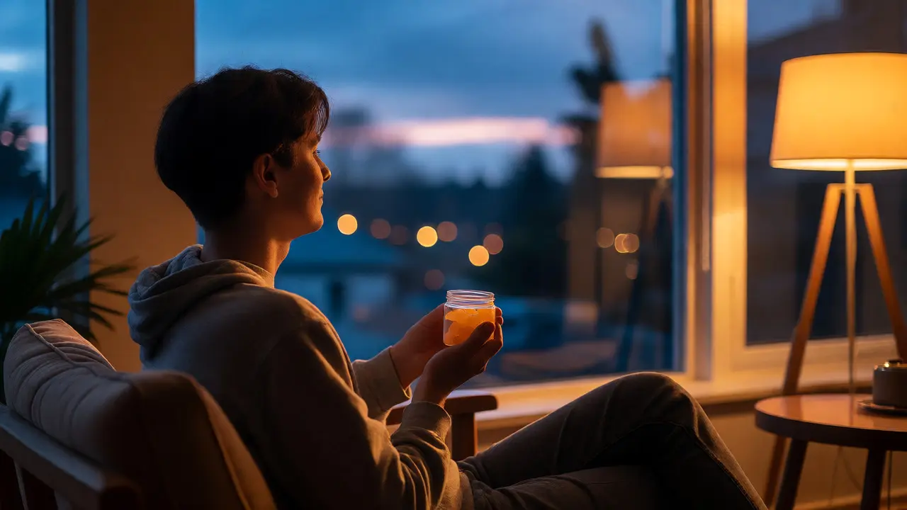 Osoba sedící v křesle u okna za soumraku, držící dózu s CBD gumami a relaxující.