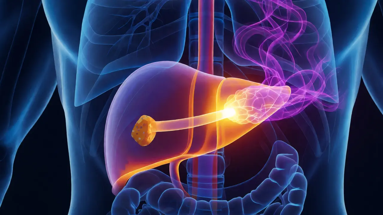 Surrealistická vizualizace metabolického procesu THC v játrech a mozku