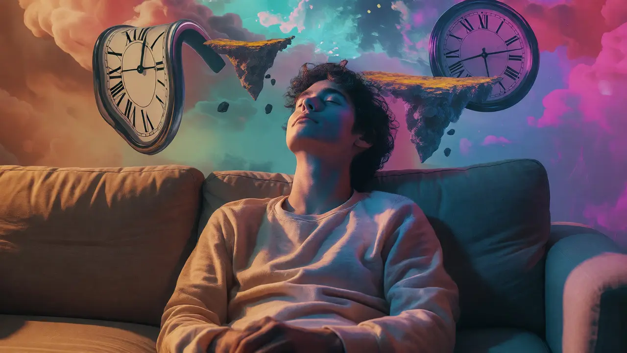 Surrealistický portrét osoby v relaxaci s halucinogenním pozadím