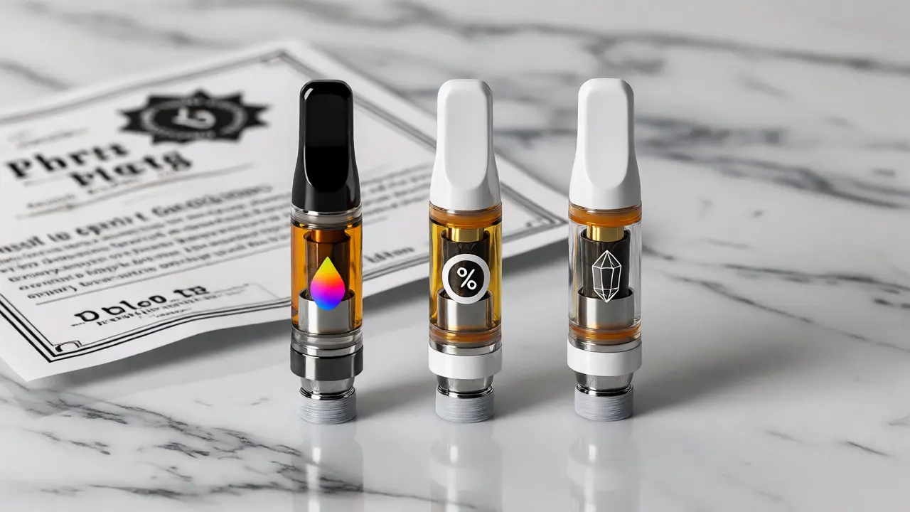 Tři různé typy CBD náplní do vapu na mramoru vedle laboratorního certifikátu kvality.