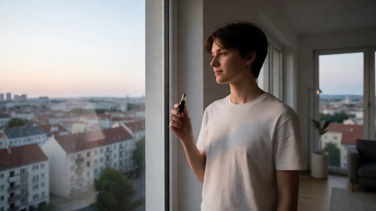 Uživatel vape pera s H4CBD v diskrétním městském bytě při soumraku