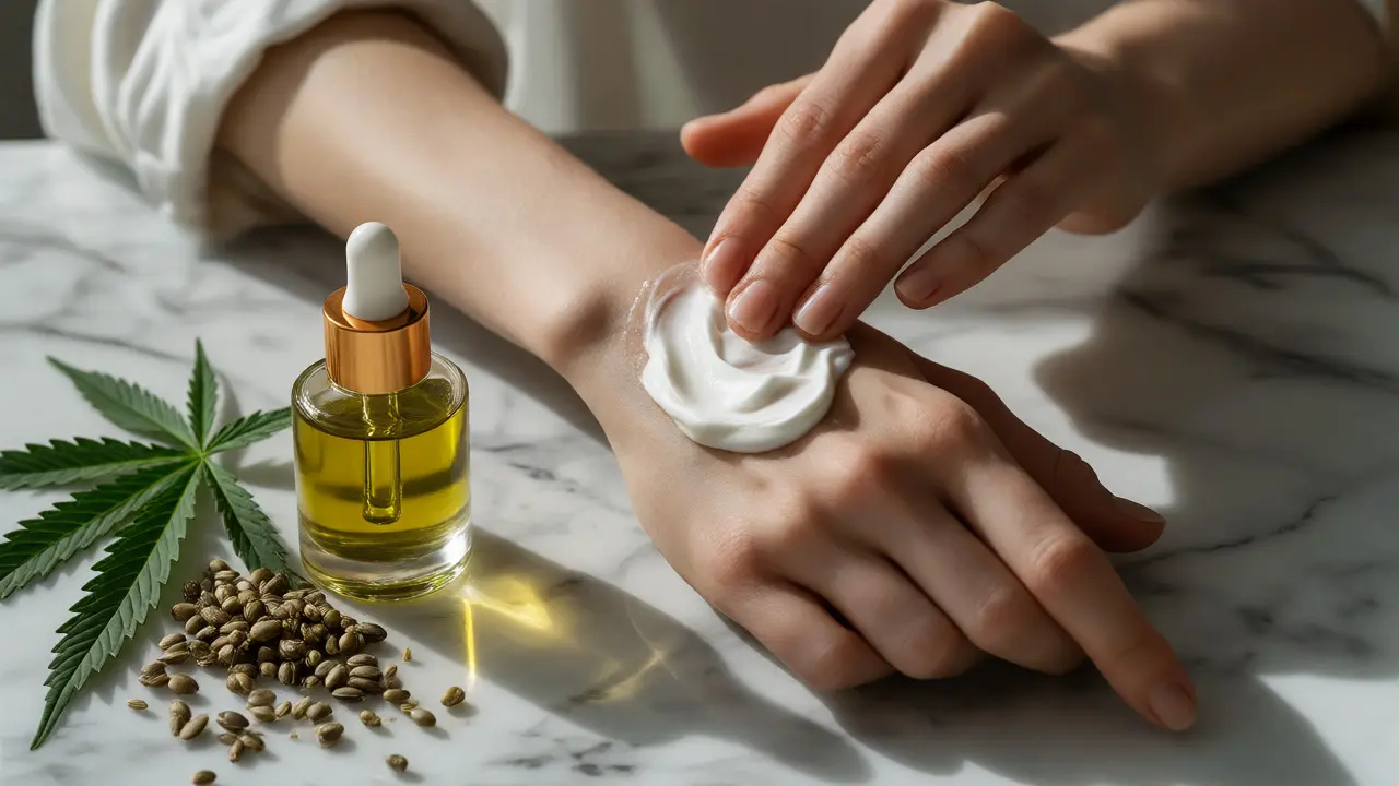 Aplikace CBD krému na ruku vedle lahvičky s olejem a konopných semen