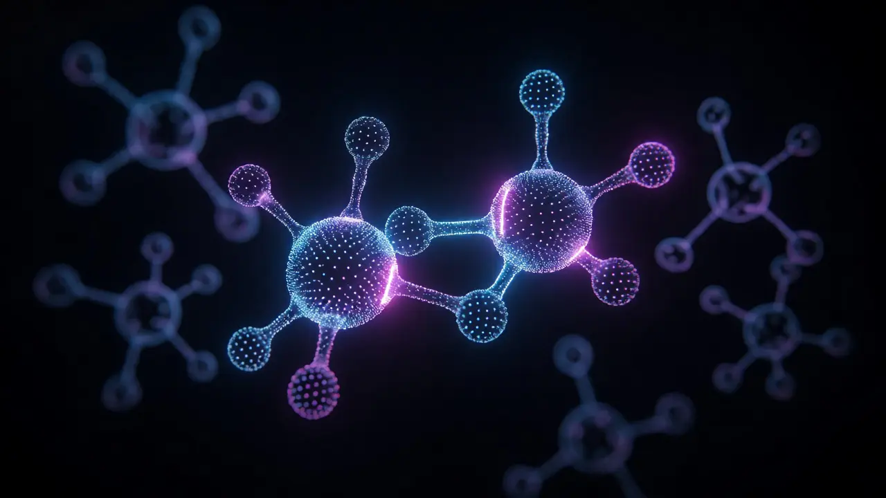 Glowing 3D molecular structures of Delta-8 and Delta-9 THC interacting with brain receptors in a dark space.