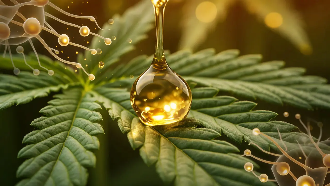 Kapka CBD oleje na konopném listu s vizualizací buněk