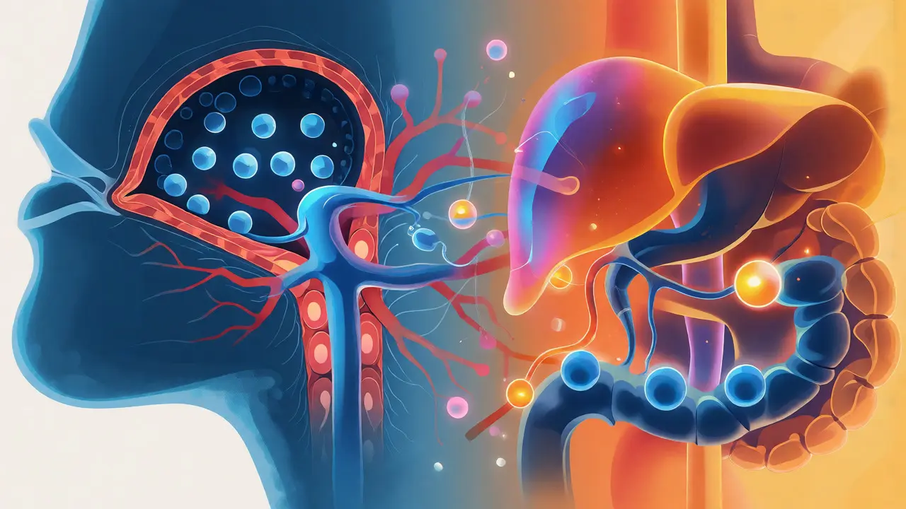 Konceptuální ilustrace dvojí cesty absorpce kanabinoidů do krve a trávicího traktu