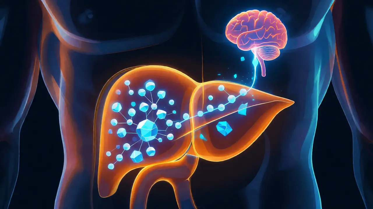 Konceptuální ilustrace metabolismu THC v těle s důrazem na játra a mozek