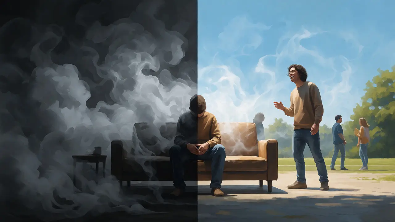 Konceptuální ilustrace porovnávající těžký efekt gauče s lehkým společenským prožitkem