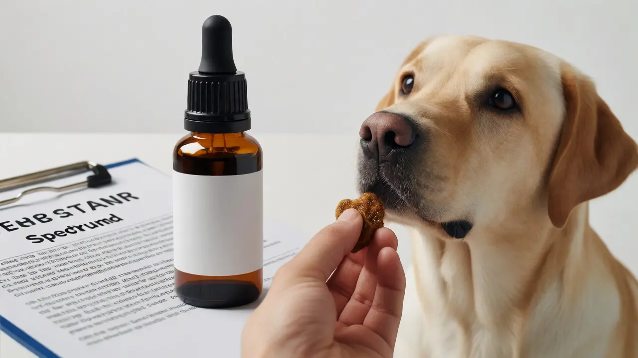 Láhev CBD oleje pro psy vedle zdravého labradora a veterinárního certifikátu.