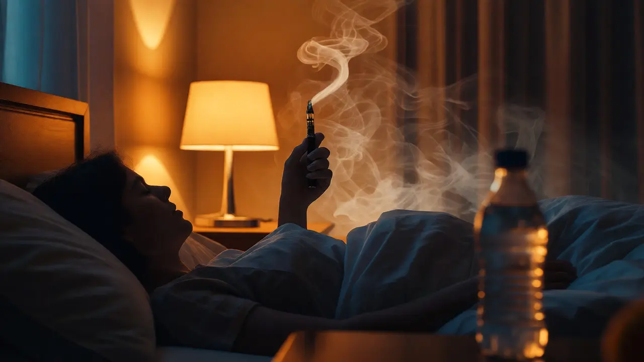 Osoba relaxující večer s CBD vapem v útulné ložnici s teplým osvětlením