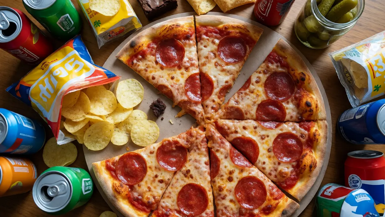 Rozmanitý stůl s pizzou, chipsy, čokoládou a nápoji z ptačí perspektivy