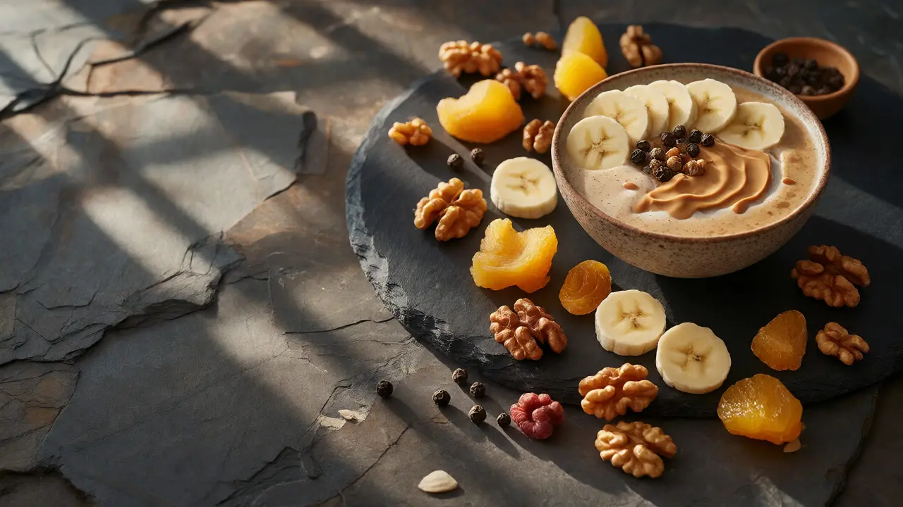 Smoothie z banánu a arašídového másla s ořechy a pepřem na břidlici