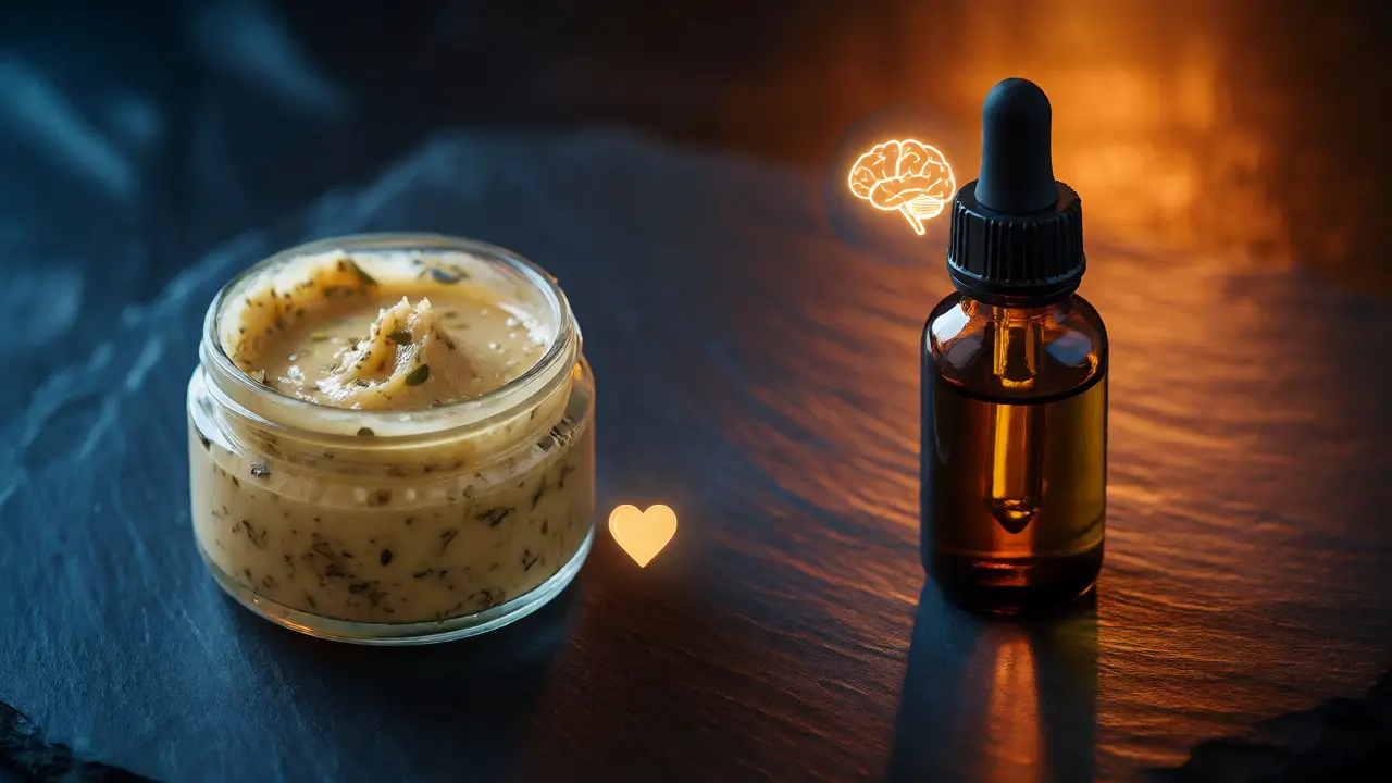 Umělecké zobrazení konopného másla a CBD kapkek pro různé účely