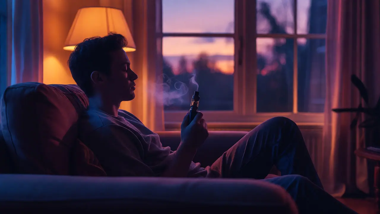 Uživatel v klidném večerním prostředí s vapem pro relaxaci