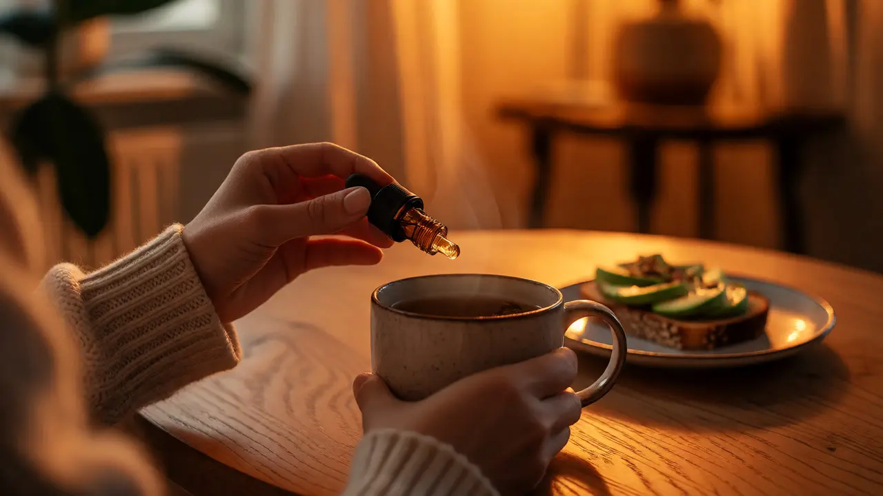 Večerní rituál s kapkami CBN a čajem u stolu