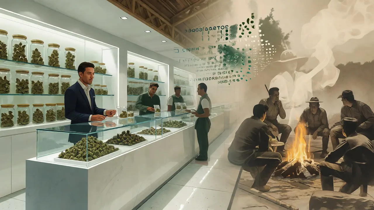 Vizuální přechod od historického užívání marihuany k moderním legálním dispensaries.